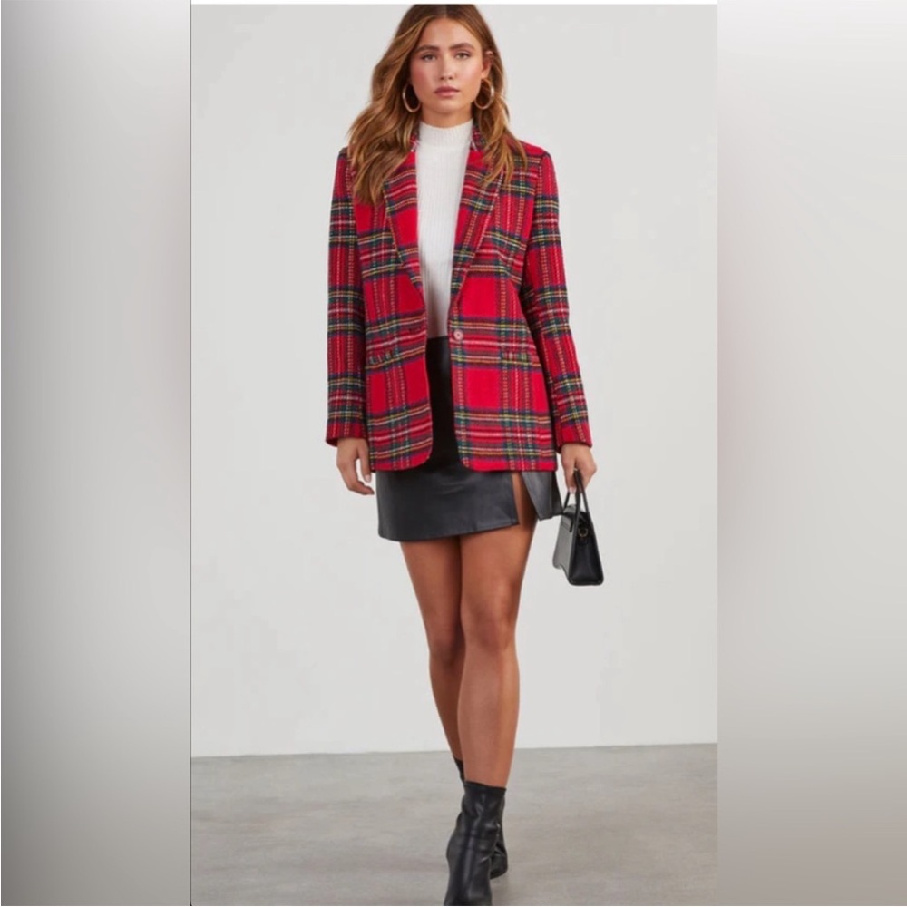 NWT English Factory Classic Red Holiday Tartan Plaid Blazer Size Med - Picture 4 of 7